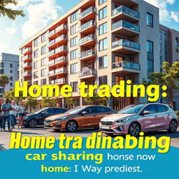 A visually striking marketing poster showcasing a modern multi-storey apartment building in an urban setting, prominently featuring shared cars parked outside