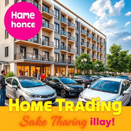 A visually striking marketing poster showcasing a modern multi-storey apartment building in an urban setting, prominently featuring shared cars parked outside