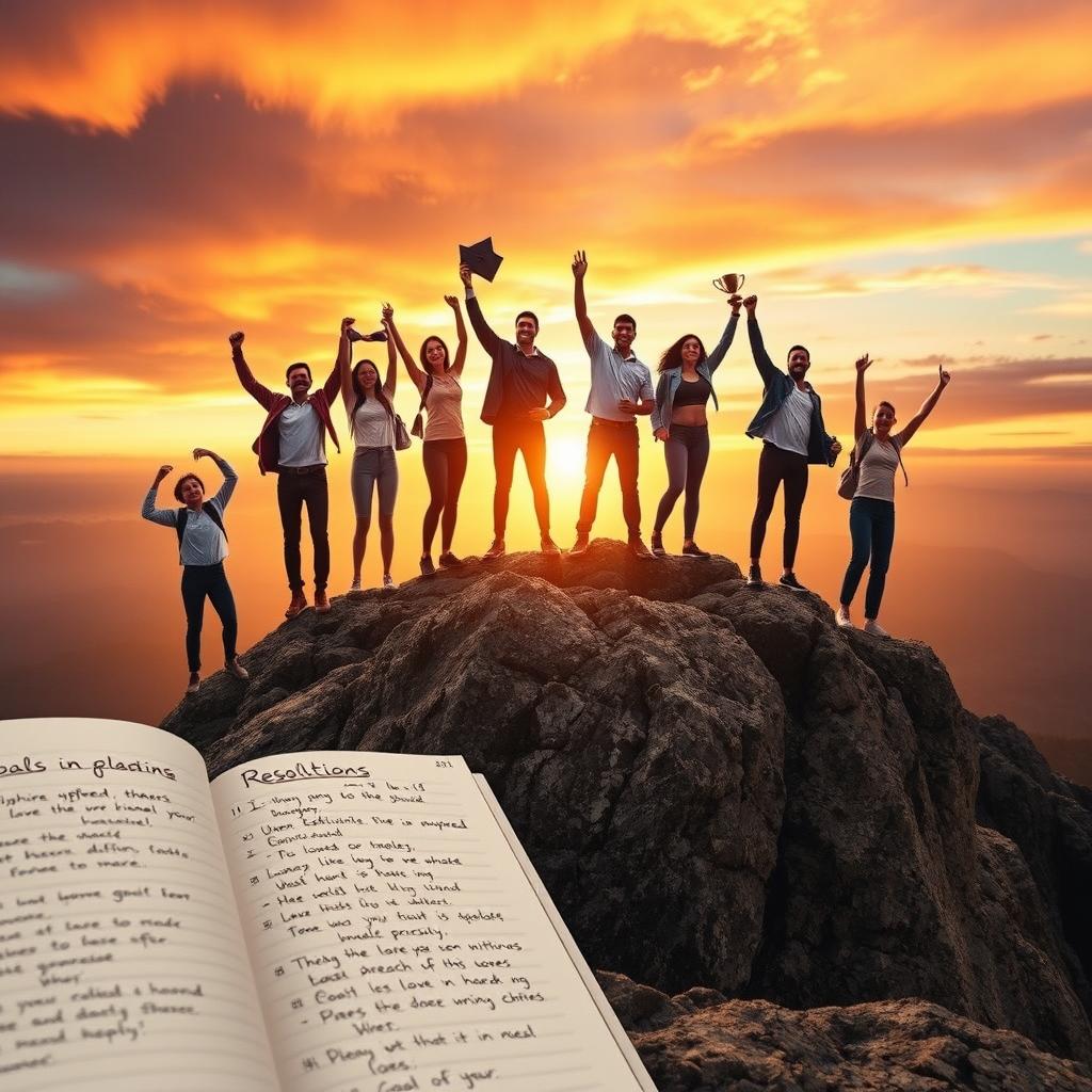 A powerful and inspiring image depicting a diverse group of individuals standing confidently on a mountain peak, celebrating their achievements and the realization of their resolutions