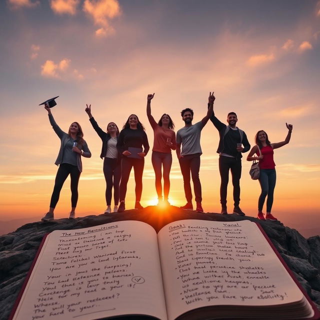 A powerful and inspiring image depicting a diverse group of individuals standing confidently on a mountain peak, celebrating their achievements and the realization of their resolutions