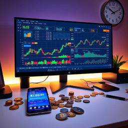A modern, sleek digital workspace illustrating important hours in digital currency trading