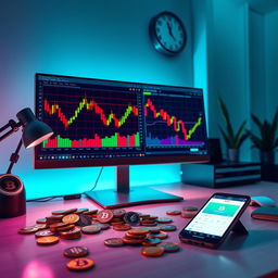 A modern, sleek digital workspace illustrating important hours in digital currency trading