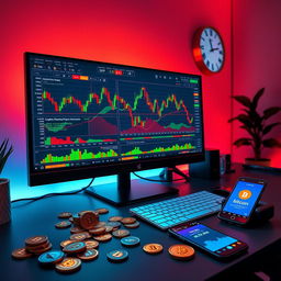 A modern, sleek digital workspace illustrating important hours in digital currency trading