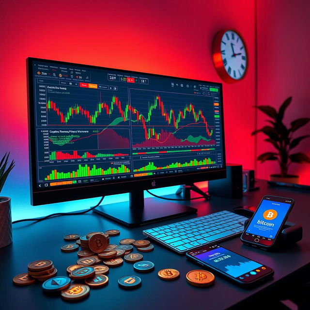 A modern, sleek digital workspace illustrating important hours in digital currency trading