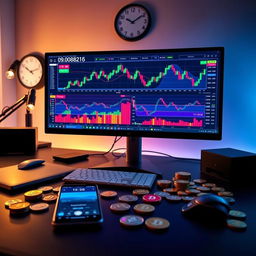 A modern, sleek digital workspace illustrating important hours in digital currency trading