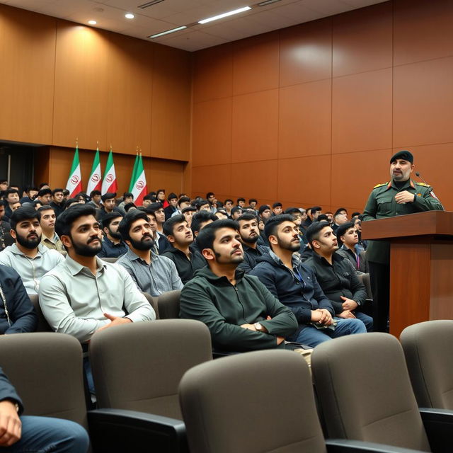 A group of Iranian male students sitting attentively in a spacious, modern auditorium, during a speech by a Pasdar (Revolutionary Guard)