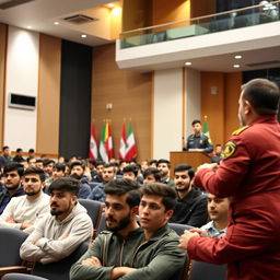 A group of Iranian male students sitting attentively in a spacious, modern auditorium, during a speech by a Pasdar (Revolutionary Guard)