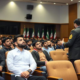A group of Iranian male students sitting attentively in a spacious, modern auditorium, during a speech by a Pasdar (Revolutionary Guard)