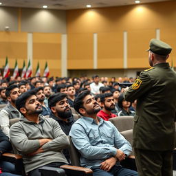 A group of Iranian male students sitting attentively in a spacious, modern auditorium, during a speech by a Pasdar (Revolutionary Guard)