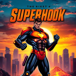 A dynamic superhero book cover featuring a powerful, muscular superhero in a striking pose, wearing a vibrant, high-tech suit adorned with glowing accents