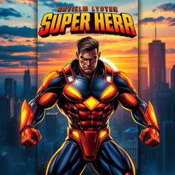 A dynamic superhero book cover featuring a powerful, muscular superhero in a striking pose, wearing a vibrant, high-tech suit adorned with glowing accents