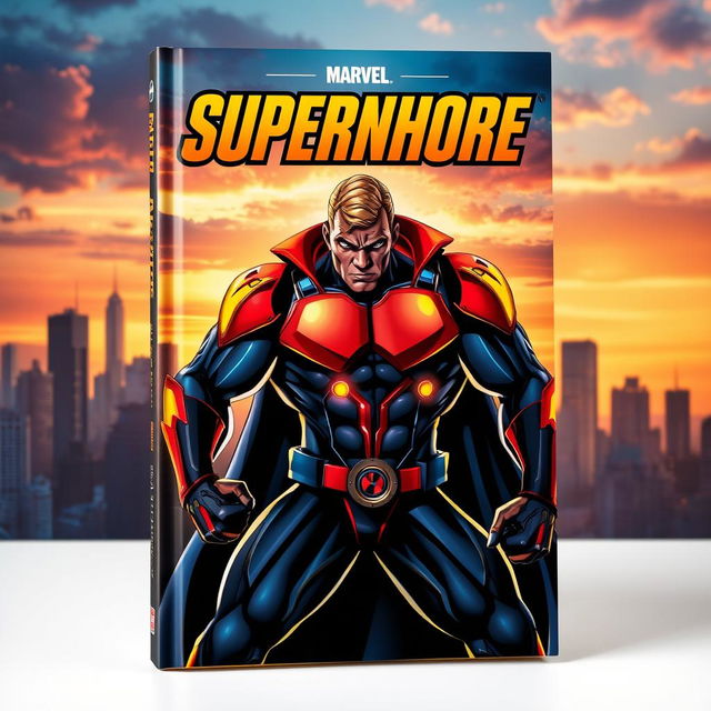 A dynamic superhero book cover featuring a powerful, muscular superhero in a striking pose, wearing a vibrant, high-tech suit adorned with glowing accents