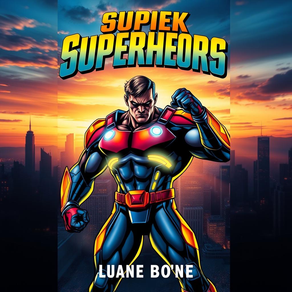 A dynamic superhero book cover featuring a powerful, muscular superhero in a striking pose, wearing a vibrant, high-tech suit adorned with glowing accents