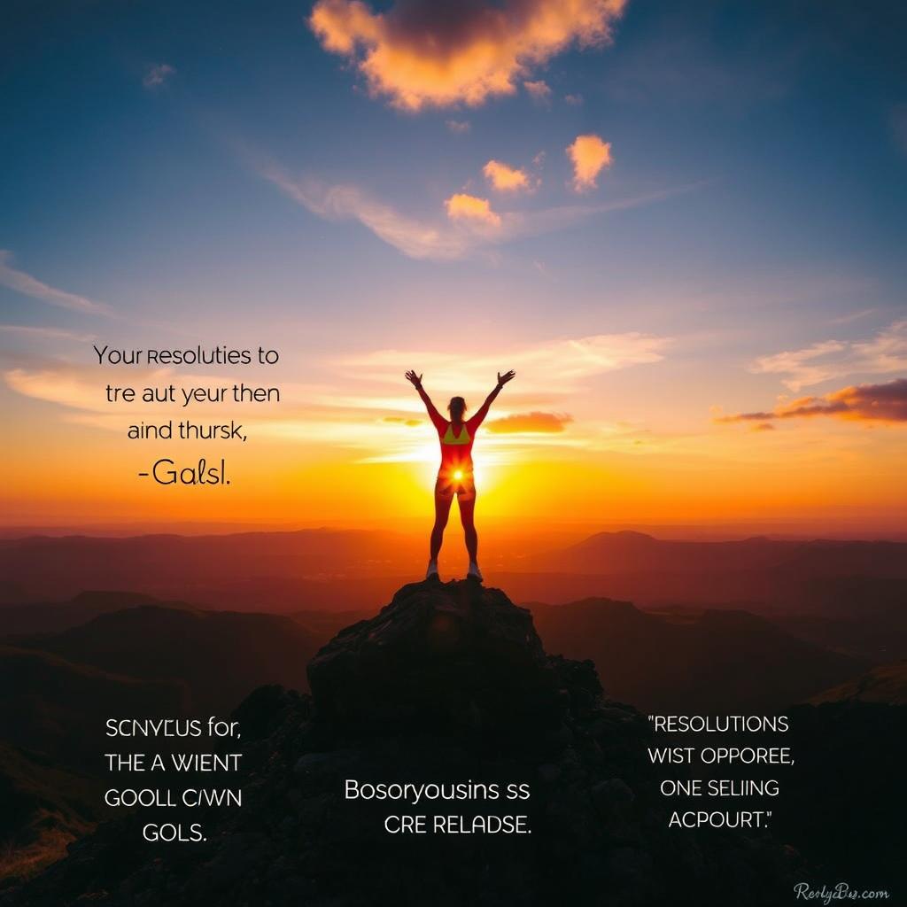 A motivational scene depicting a person standing on a mountaintop at sunrise, looking out over a vast landscape symbolizing new beginnings and opportunities