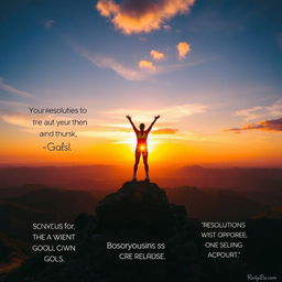 A motivational scene depicting a person standing on a mountaintop at sunrise, looking out over a vast landscape symbolizing new beginnings and opportunities