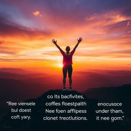 A motivational scene depicting a person standing on a mountaintop at sunrise, looking out over a vast landscape symbolizing new beginnings and opportunities