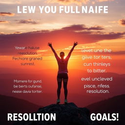 A motivational scene depicting a person standing on a mountaintop at sunrise, looking out over a vast landscape symbolizing new beginnings and opportunities