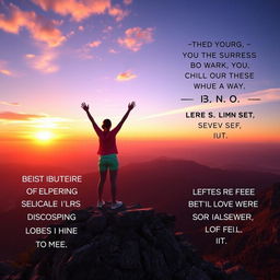 A motivational scene depicting a person standing on a mountaintop at sunrise, looking out over a vast landscape symbolizing new beginnings and opportunities