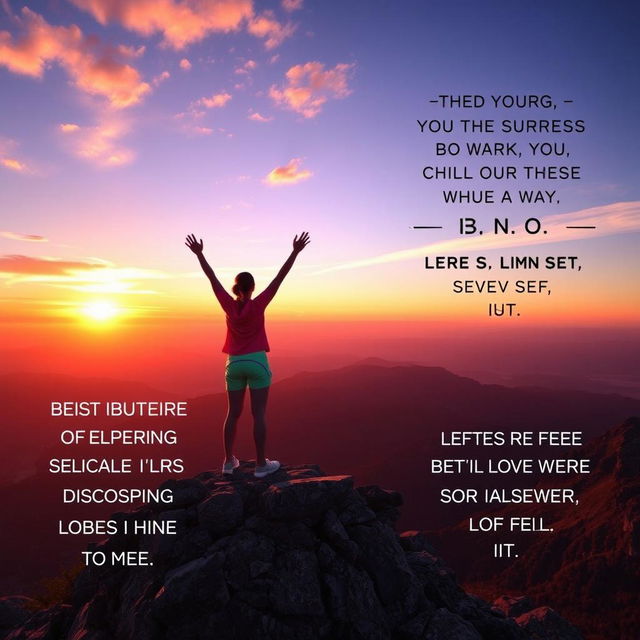 A motivational scene depicting a person standing on a mountaintop at sunrise, looking out over a vast landscape symbolizing new beginnings and opportunities