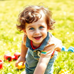 A cute little boy, around 2-3 years old, with brown curly hair and sparkling blue eyes