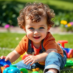 A cute little boy, around 2-3 years old, with brown curly hair and sparkling blue eyes