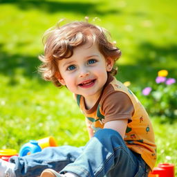 A cute little boy, around 2-3 years old, with brown curly hair and sparkling blue eyes