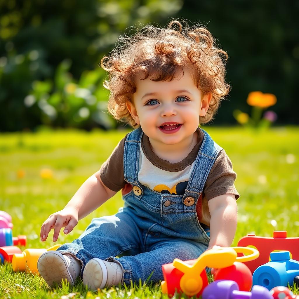 A cute little boy, around 2-3 years old, with brown curly hair and sparkling blue eyes