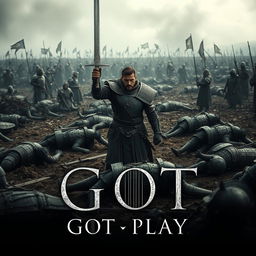 A dramatic battlefield scene inspired by Game of Thrones, showcasing a desolate landscape littered with fallen soldiers in armor
