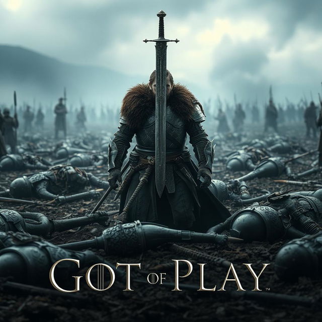 A dramatic battlefield scene inspired by Game of Thrones, showcasing a desolate landscape littered with fallen soldiers in armor