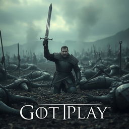 A dramatic battlefield scene inspired by Game of Thrones, showcasing a desolate landscape littered with fallen soldiers in armor