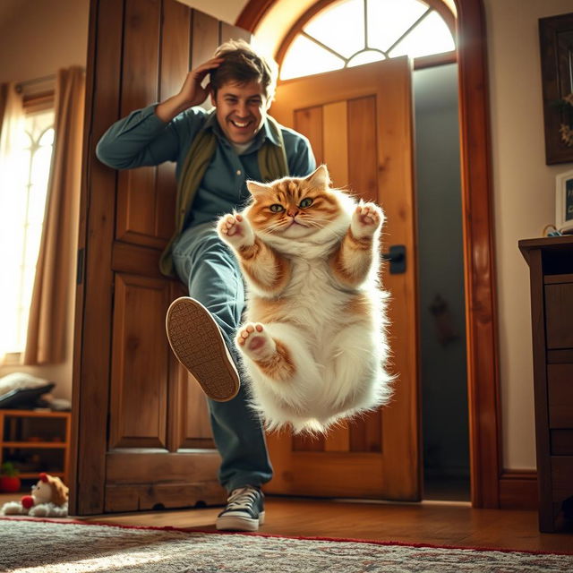 A humorous scene depicting a person playfully kicking a plump cat out of a rustic wooden door