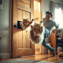 A humorous scene depicting a person playfully kicking a plump cat out of a rustic wooden door