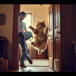 A humorous scene depicting a person playfully kicking a plump cat out of a rustic wooden door