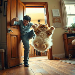 A humorous scene depicting a person playfully kicking a plump cat out of a rustic wooden door