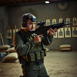 A dynamic scene at a shooting range featuring Hamzat Chimaev holding a rifle