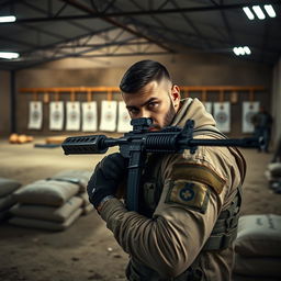 A dynamic scene at a shooting range featuring Hamzat Chimaev holding a rifle