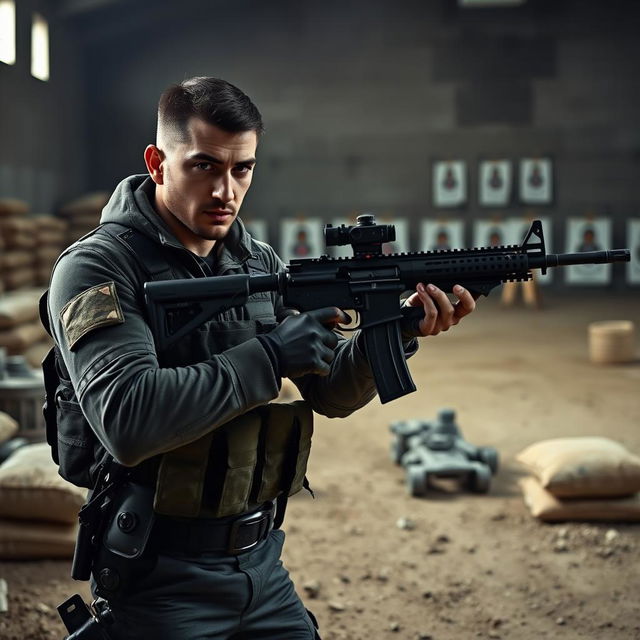 A dynamic scene at a shooting range featuring Hamzat Chimaev holding a rifle