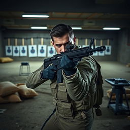 A dynamic scene at a shooting range featuring Hamzat Chimaev holding a rifle