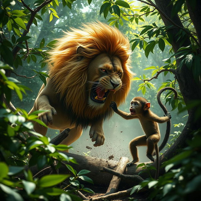 A dramatic scene depicting a lion fiercely attacking a monkey in a dense jungle setting