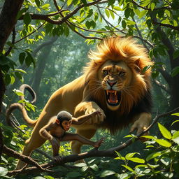 A dramatic scene depicting a lion fiercely attacking a monkey in a dense jungle setting