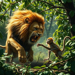 A dramatic scene depicting a lion fiercely attacking a monkey in a dense jungle setting