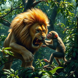 A dramatic scene depicting a lion fiercely attacking a monkey in a dense jungle setting