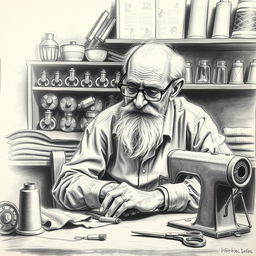 A detailed charcoal drawing of a slender old man sitting at a sewing table, engrossed in his work