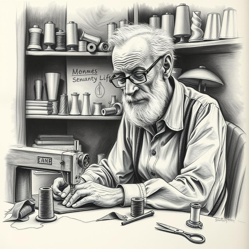 A detailed charcoal drawing of a slender old man sitting at a sewing table, engrossed in his work