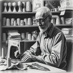 A detailed charcoal drawing of a slender old man sitting at a sewing table, engrossed in his work
