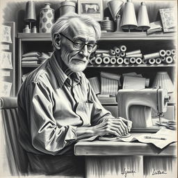 A detailed charcoal drawing of a slender old man sitting at a sewing table, engrossed in his work