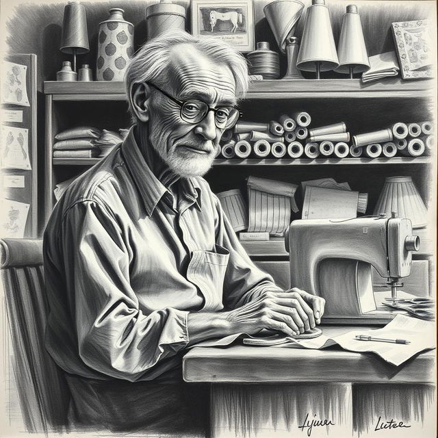 A detailed charcoal drawing of a slender old man sitting at a sewing table, engrossed in his work