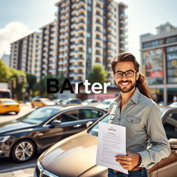 In a lively urban setting, a modern multi-storey apartment building towers in the background amidst bustling traffic