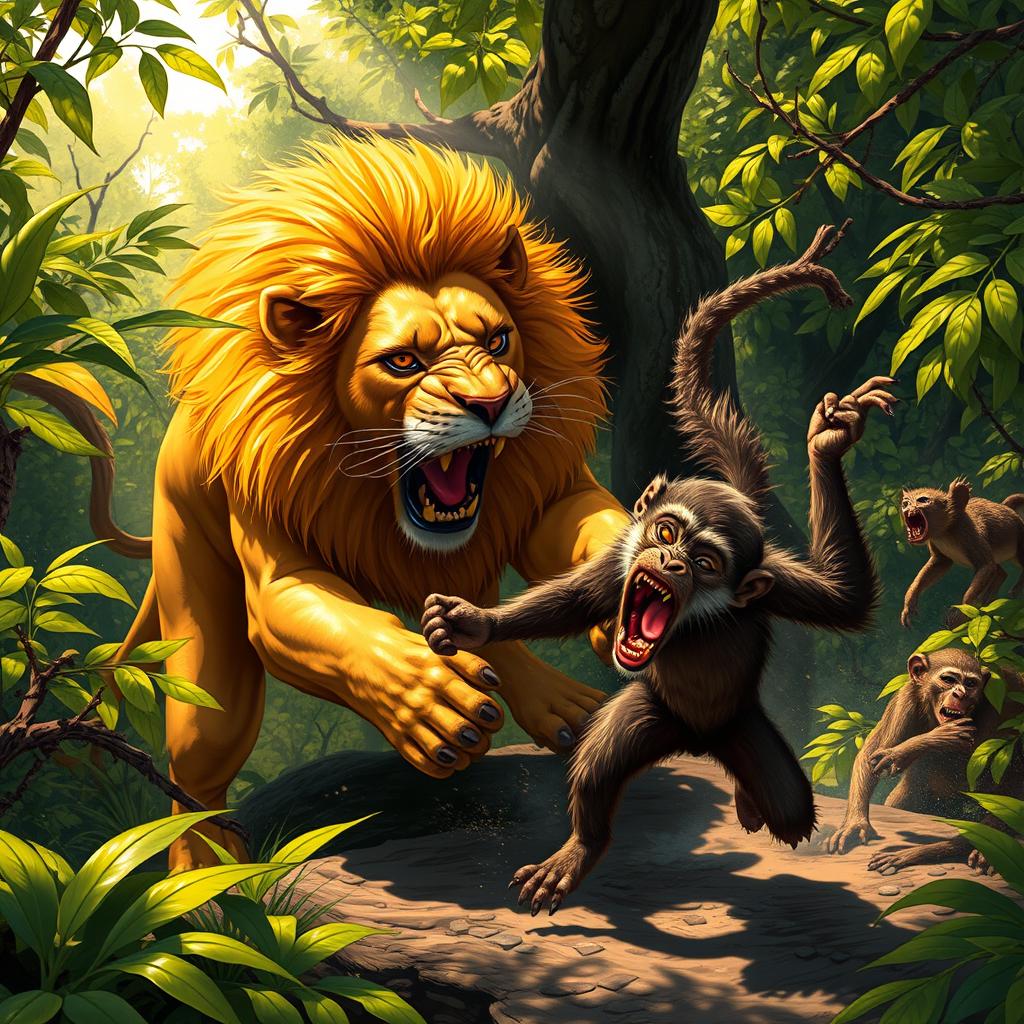 A vivid and intense scene illustrating a lion attacking a monkey in a wild jungle environment