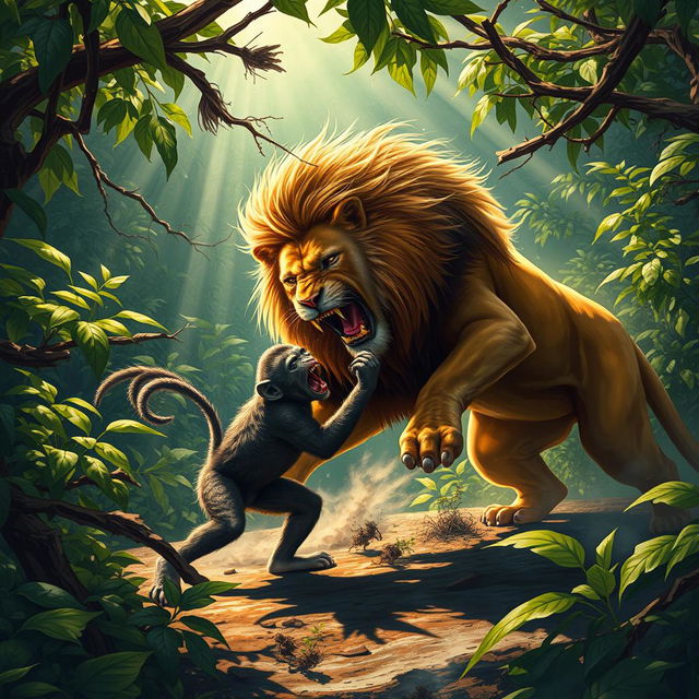 A vivid and intense scene illustrating a lion attacking a monkey in a wild jungle environment